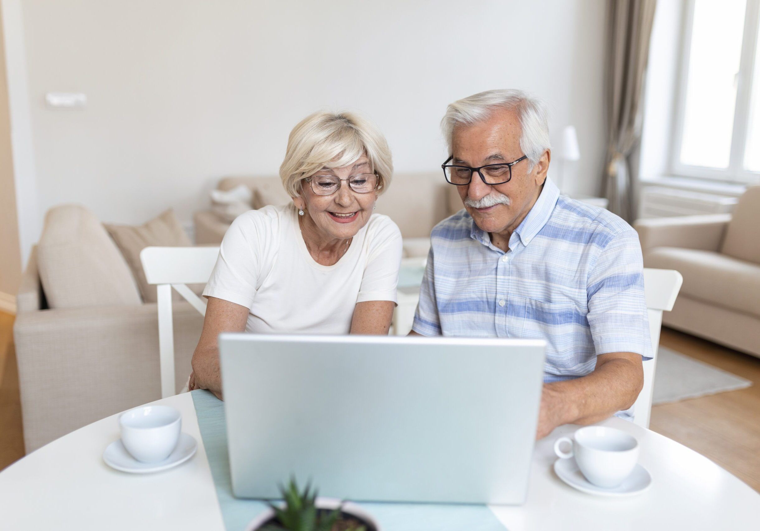 Senior couple is talking online via video connection on the laptop. Having nice time withfriends and family via video call.